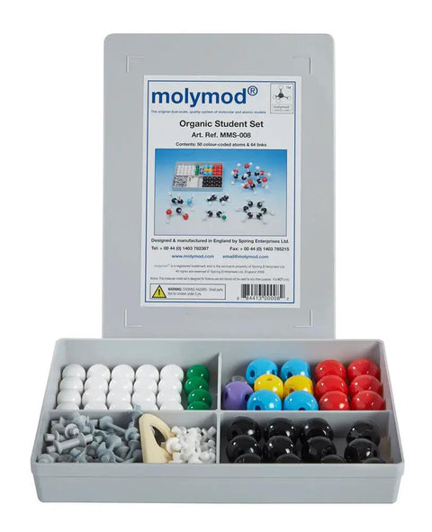 Hands-On Organic Chemistry Molecular Model Kit For Students with color-coded atom parts in open storage box, fifty plus pieces visible.