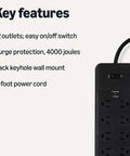 Slick Black Heavy Duty 12 Outlet Surge Protector Power Strip With 8 Foot Extension Cord And 4000 Joules Burst Guard features.