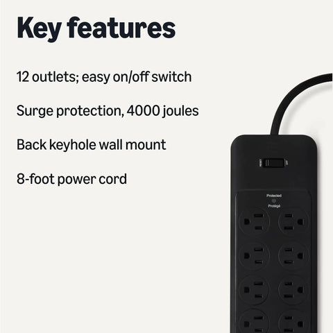 Slick Black Heavy Duty 12 Outlet Surge Protector Power Strip With 8 Foot Extension Cord And 4000 Joules Burst Guard features.