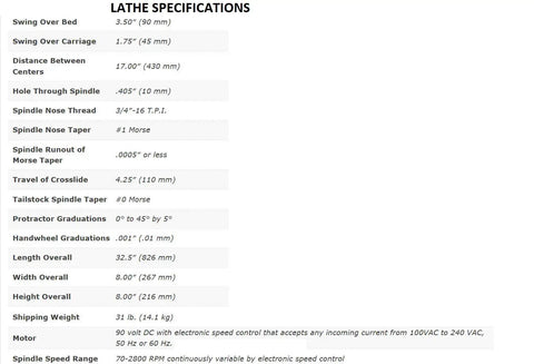 CNC Eight Direction Metric Ultimate Machine Shop Kit lathe specifications with size and spindle details for DIY CNC projects.