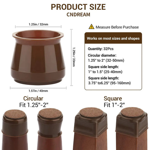 32 Piece Silicone Chair Leg Caps With Felt Pads For Hardwood Floors Protect Wood From Scratches And Noise And Help Chairs Glide Smoothly On Round Or Square Legs Fits Circumference 3.75 To 6.25 Inches Diameter 1.25 To 2 Inches Square 1 To 1.5 Inches product size diagram