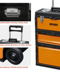 Orange Three Tier Stackable Tool Box Set On Wheels With Extendable Handle, featuring metal hooks and powder-coated casters