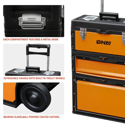 Orange Three Tier Stackable Tool Box Set On Wheels With Extendable Handle, featuring metal hooks and powder-coated casters