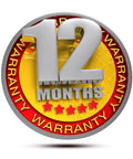 12-month warranty badge in red and yellow