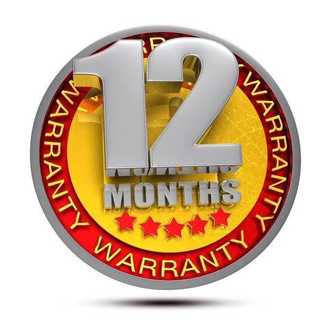 12-month warranty badge in red and yellow