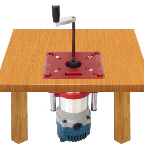 Heavy Duty Aluminum Router Lift Plate With 65Mm Bore Dead Simple Fit For Trimmers mounted on a wooden workbench with a trimmer visible.