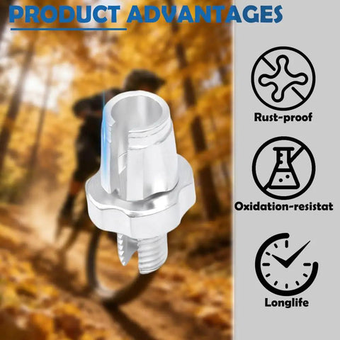 A silver 10 Pack Aluminum Alloy Bike Brake Cable Adjuster Screw 7mm Barrel Adjuster with rust-proof icon over a blurred cyclist.