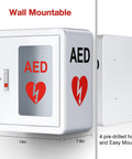 Rock Solid Steel Wall Mount AED Cabinet With No Fuss Snap Lock Door And Clear Acrylic Panel For Quick Grab Emergency Access Compatible With All Major Defib Brands Built To Handle Any Public Spot, shown from side with dimensions.