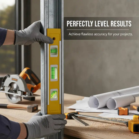Spirit Level, Aluminum Alloy held against metal frame for alignment, featuring accurate bubble levels and a yellow body.