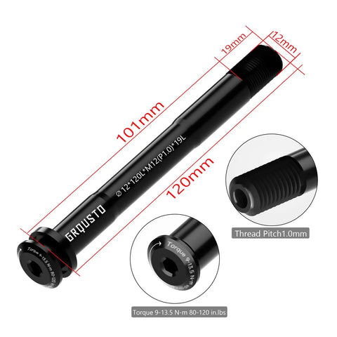 Beefed Up 1.0mm Thread Pitch Through Axle, 12mm x 120mm, 6061 Aluminum for Road and Mountain Bikes, shown with measurements.