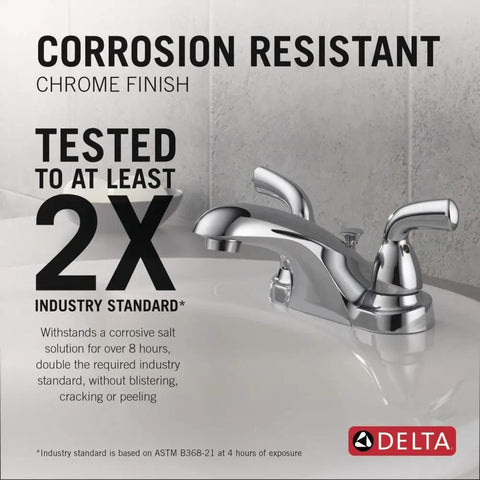 Foundations Centerset Chrome Bathroom Faucet, 2-Handle With Metal Pop-Up Drain, WaterSense Labeled, ADA Compliant on sink