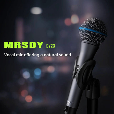 Wired XLR Dynamic Microphone For Singing And Live Gigs, Cardioid Handheld Mic For Stage And Studio DY23 displayed on a stand.