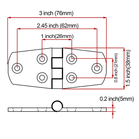 Front view diagram of Laorde 316 stainless marine hatch hinge, 3x1.5 in (76x38 mm), 4-pack with screws