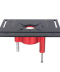 Rock Solid Manual Router Uplift Kit For Woodworkers Seeking Hella Precise Height Adjustments And Deadset Reliable Repeatable Setups Whenever Building Their Dream Router Table Setup, featuring a black and red aluminum steel chassis.