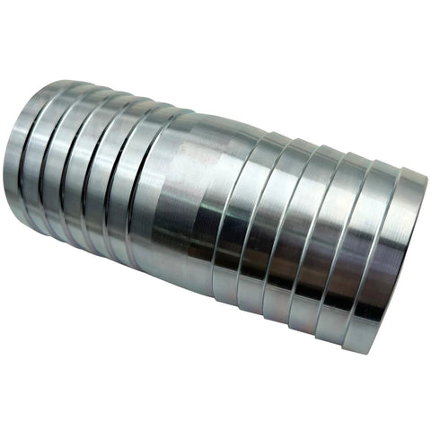 Stainless steel 2-inch hose barb fitting, side view, straight inline barb connector (304 SS)
