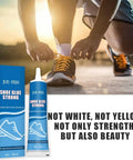 Premium Shoe Glue Sole Repair Adhesive for sports and climbing shoes displayed with packaging and athlete tying shoe.