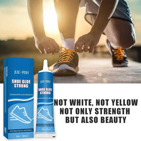 Premium Shoe Glue Sole Repair Adhesive for sports and climbing shoes displayed with packaging and athlete tying shoe.