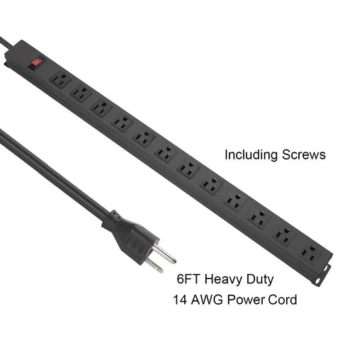 Long 12 Outlet Power Strip Surge Protector With 6 Foot Cord And 1200 Joules Of Surge Protection, Wide Spaced Outlets For Big Plugs, Perfect For Your Home Office Setup, Entertainment Center Or Workshop, Black, 6 ft cord and screw mounts