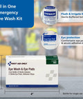 Front view of First Aid Only eye wash kit box with eye wash bottle, oval eye pad, and adhesive strips.