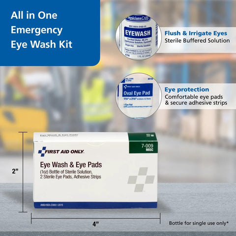 Front view of First Aid Only eye wash kit box with eye wash bottle, oval eye pad, and adhesive strips.
