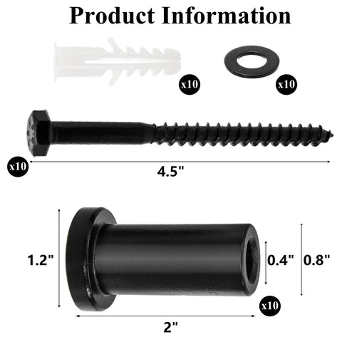 Ten Piece Barn Door Spacers Set For 2 Inch Sliding Barn Door Hardware showing bolts, anchors, and washers dimensions