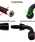 6AN 90 Degree Swivel Hose End Fittings for CPE Fuel Hose with 9/16-18 UNF Threads, Made From 6061-T6 Aluminum, Handles Up To 1500 PSI, Wide Temperature Range -65F To 252F, Compatible With Nylon Braided Lines, Two Pack for Quick Upgrades. shown with 6AN hose end for nylon braided CPE oil hose
