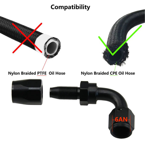 6AN 90 Degree Swivel Hose End Fittings for CPE Fuel Hose with 9/16-18 UNF Threads, Made From 6061-T6 Aluminum, Handles Up To 1500 PSI, Wide Temperature Range -65F To 252F, Compatible With Nylon Braided Lines, Two Pack for Quick Upgrades. shown with 6AN hose end for nylon braided CPE oil hose