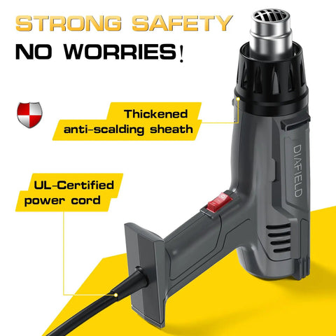 Heavy Duty 1850W Heat Gun With Dual Temperature Settings featuring thickened sheath and UL-certified power cord