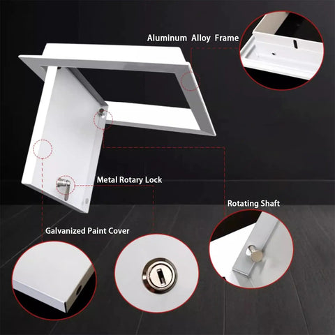 Heavy Duty Aluminum Attic Access Hatch Panel With Solid Lock And Key Smooth Flush Mount features metal rotary lock and galvanized paint cover.