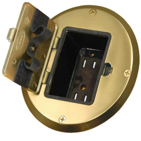 Floor Kit With Recessed Duplex 15A TR Device And Adjustable Steel Box In Brass Finish installed in open position