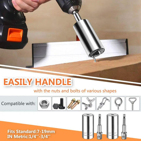 Universal Socket Wrench Tool Kit 7 To 19 Millimeter Socket Grip Set With Drill Adapter shown tightening a bolt