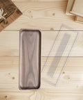 Clear Acrylic Router Template Set With Four Rectangular Inlay Guides And Etched Dimensions For Precision Woodworking Cuts on a wooden table.