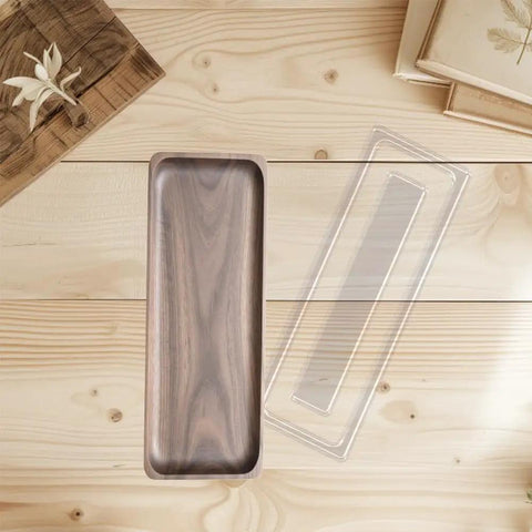 Clear Acrylic Router Template Set With Four Rectangular Inlay Guides And Etched Dimensions For Precision Woodworking Cuts on a wooden table.