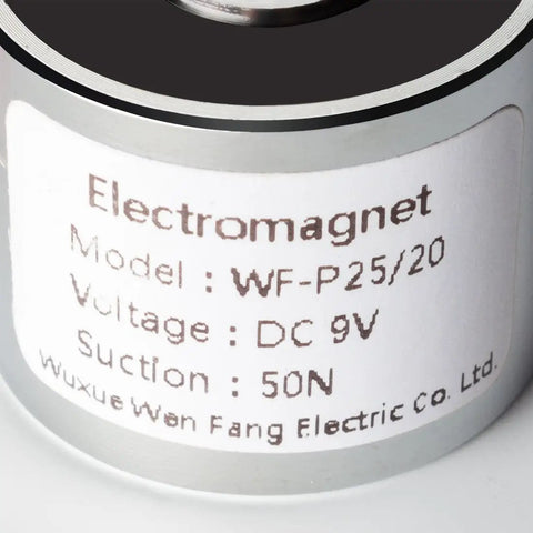 9V DC Lifting Magnet Workhorse Electromagnet Solenoid For Lifting And Holding, 50N Peak Force, label showing product details