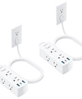 Super Slick Flat Plug Power Strip With 5 Ft Extension Cord 6 Widely Spaced Wall Outlets Plus 3 Fast Charge USB Ports For Hiding Behind Furniture Setup White 2 Pack Bundle on a white backdrop.