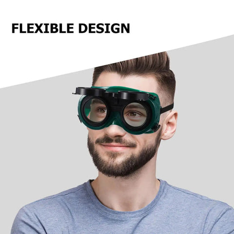 Four Pack Heavy Duty Welding Safety Goggles With Anti Scratch Coating And Double Flip Up Lenses for flexible fit on a man.