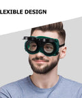 Top Shelf Welding Goggles Four Pack Anti Glare Safety Glasses With Comfy Adjustable Fit Rock Solid Build Blocks Sparks Heat And Metal Shavings For Daily Grind worn by a man with a beard.