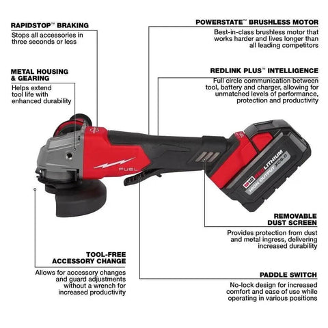 Top Shelf Brushless M18 Compatible Angle Grinder Kit Ships Loaded In Rugged Contractor Bag Featuring Smart Charge Sync And Beast Mode Torque For Serious Crews Jobsite with features labeled including metal housing and power state motor.
