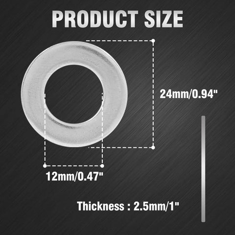 Front view: Piutouyar M12x24mm stainless steel flat washer, 24mm OD, 12mm ID, 2.5mm thick
