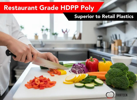 Pro Grade Commercial Plastic Cutting Board With Large 18 By 12 By Half Inch Thick White Poly Surface in a kitchen setting.