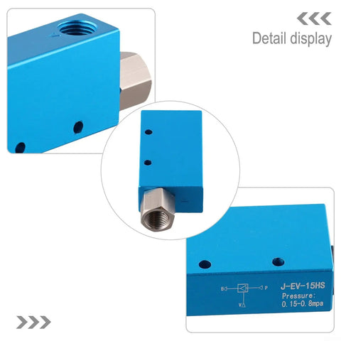 Heavy Duty Aluminum Vacuum Generator For Factory Robotics And Automation Featuring A Beefed Up Pneumatic Ejector Pump With Killer Suction And Fast Acting Venturi Design For Straight Up Pick Place Performance, showing detailed blue aluminum body and threaded connector.