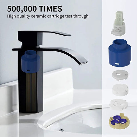 Waterfall Spout Deck Mount Bathroom Faucet Slick Matte Black Finish With Pop Up Drain No Overflow Modern Lavatory 304 Stainless Steel One Or Three Hole Install Easy Temperature Control Hot And Cold US Nine Sixteenth Inch Thread