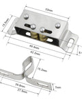 Slick Double Roller Cabinet Catch Set For Smooth Door Closure with Elastic Tension Spring, dimensions displayed, two-piece set
