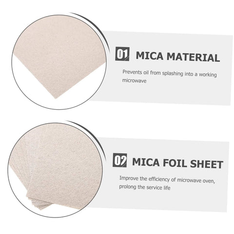 10 Piece Mica Plates 150x120mm Microwave Heat Insulation And Fireproof Sheets showing material and usage instructions