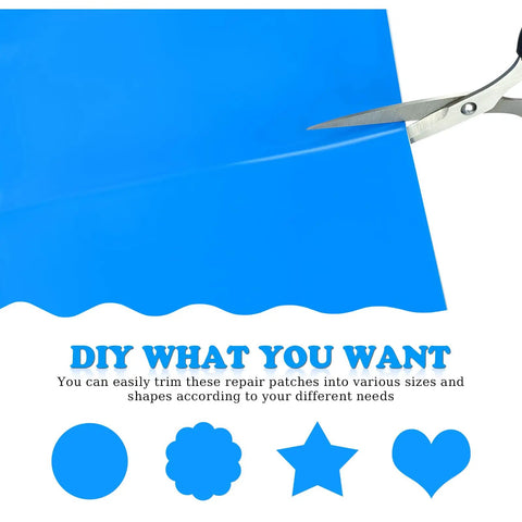 Scissors cutting Blue Rectangle Patch Vinyl Liner Repair Kit for above ground pools, showcasing customizable shapes.