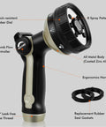 Heavy Duty Metal Hose Nozzle With 8 Spray Patterns And Thumb Control For Lawn Care Car Wash Pet Bathing And Outdoor Watering Bronze Finish Zinc Alloy Construction For Durability And Flexibility, showing rubber dial and replacement gaskets.