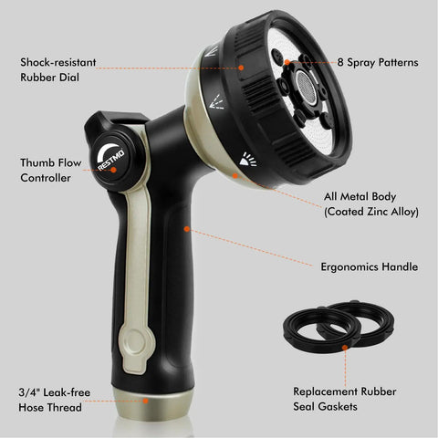 Heavy Duty Metal Hose Nozzle With 8 Spray Patterns And Thumb Control For Lawn Care Car Wash Pet Bathing And Outdoor Watering Bronze Finish Zinc Alloy Construction For Durability And Flexibility, showing rubber dial and replacement gaskets.