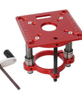 Heavy Duty Aluminum Router Lift Plate With 65Mm Bore Dead Simple Fit For Trimmers Smooth Ride Flip Base Top Shelf Portable Woodworking Bench Insert For Precision Edge Cutting, red plate with measurement markings.