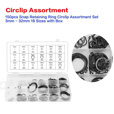 External Circlip Kit 150 Pcs With 18 Sizes 3mm To 32mm Metal Retaining Rings Set In A Plastic Storage Box