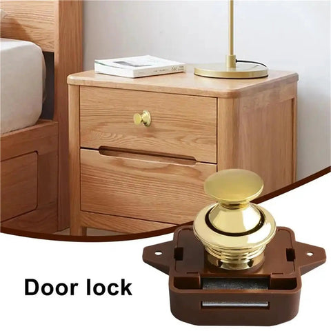 Rugged RV Push Latch Set for Drawer and Cabinet, metal button lock displayed before bedside table installation